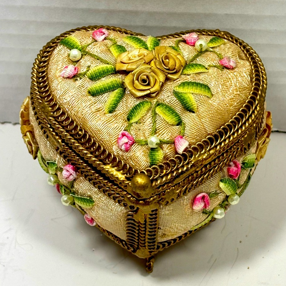 Victorian Style Heart Shaped Trinket Box-Fabric-Ribbon Art/Gild Metal Frame 3in